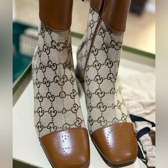 GUCCI Ellis GG Monogram Supreme Canvas & Leather Ankle Boots Brown - Picture 6 of 13